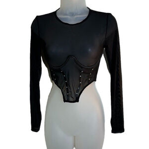 BodyRage Top Medium Crop Black Mesh‎ Sheer Long Sleeve Studs Goth Grunge Sexy
